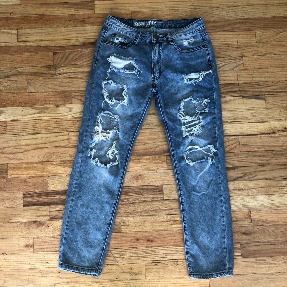 Machine Blue Denim Distressed Ripped Torn Jeans 29